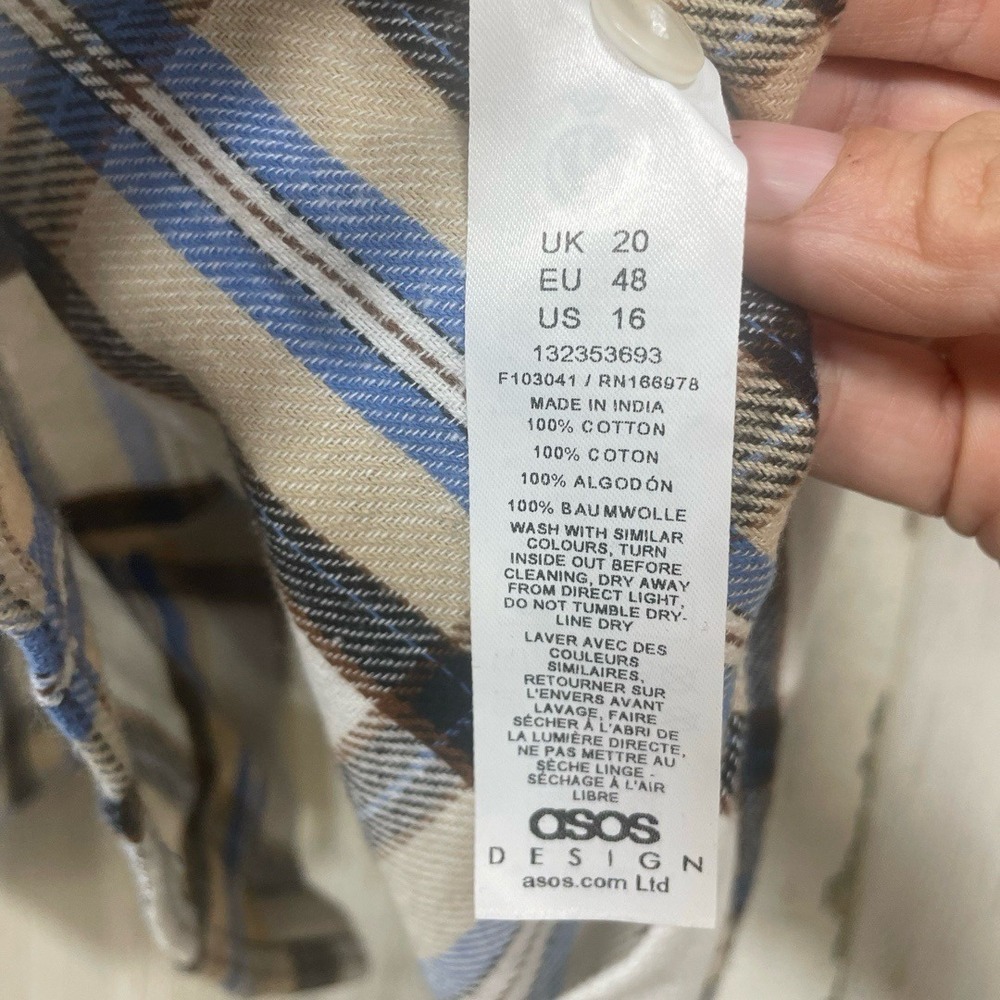 ASOS Curve Oversized Mini Shirt Dress sz 16 NWT Cream Plaid Flannel Long Sleeve - Picture 4 of 9